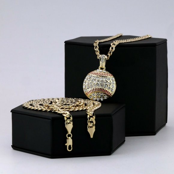 Men's 14k Gold Baseball Stamped Pendant + Cuban Necklace Iced - Picture 1 of 4